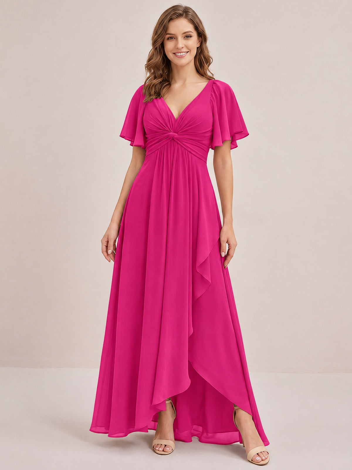 Dusty Blue Chiffon Bridesmaid Dress with Flutter Sleeves & High-Low Hem