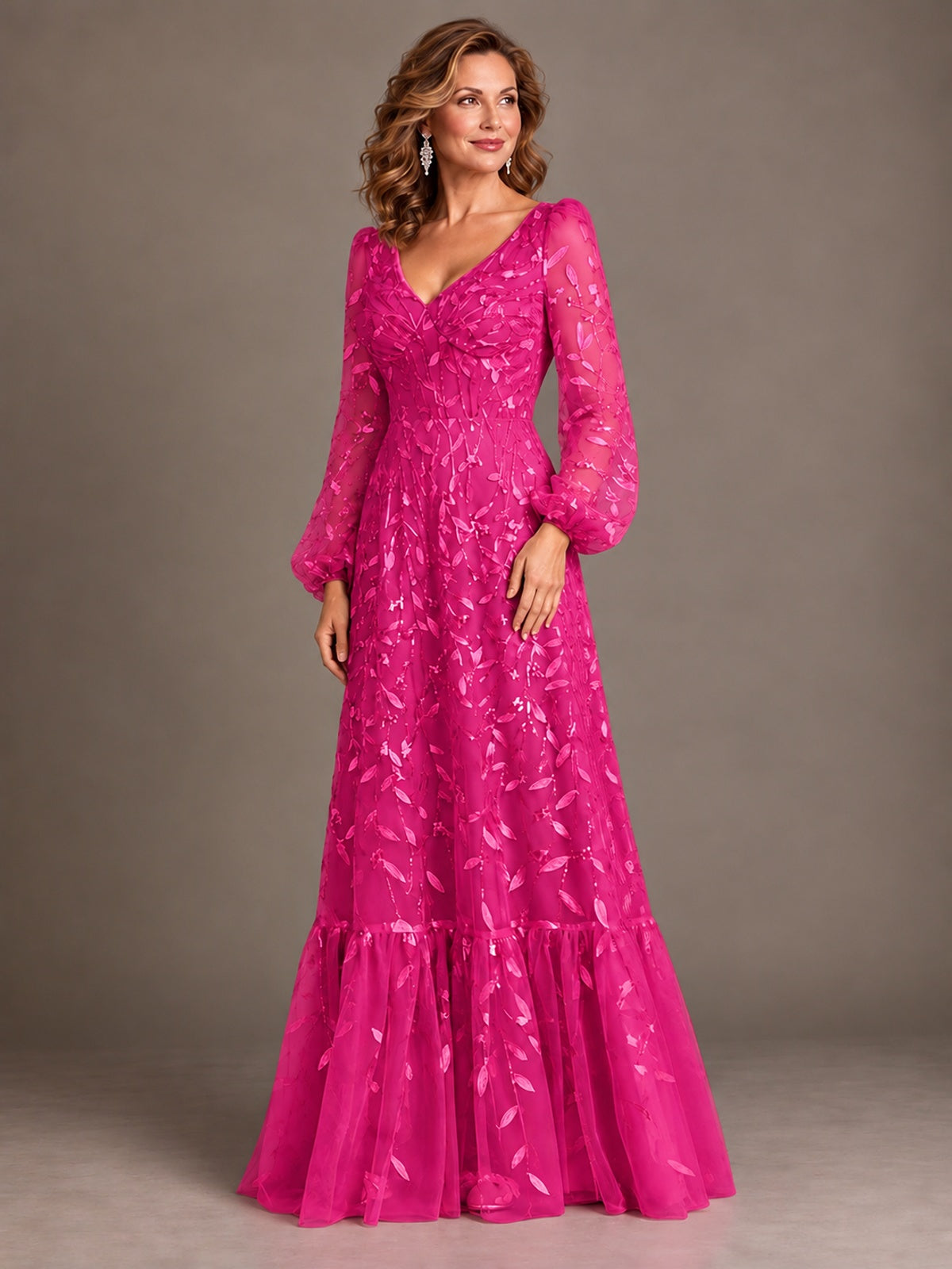 Floral Sequin Embroidered A-Line Mother of the Bride Dress with Long Sleeves