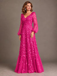 Floral Sequin Embroidered A-Line Mother of the Bride Dress with Long Sleeves