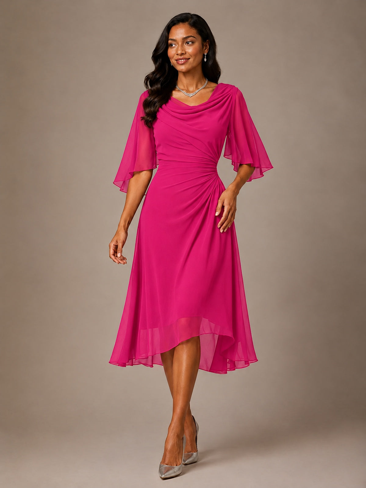 Cowl Neck Ruched Chiffon Mother of the Bride Dresses with Flutter Sleeves