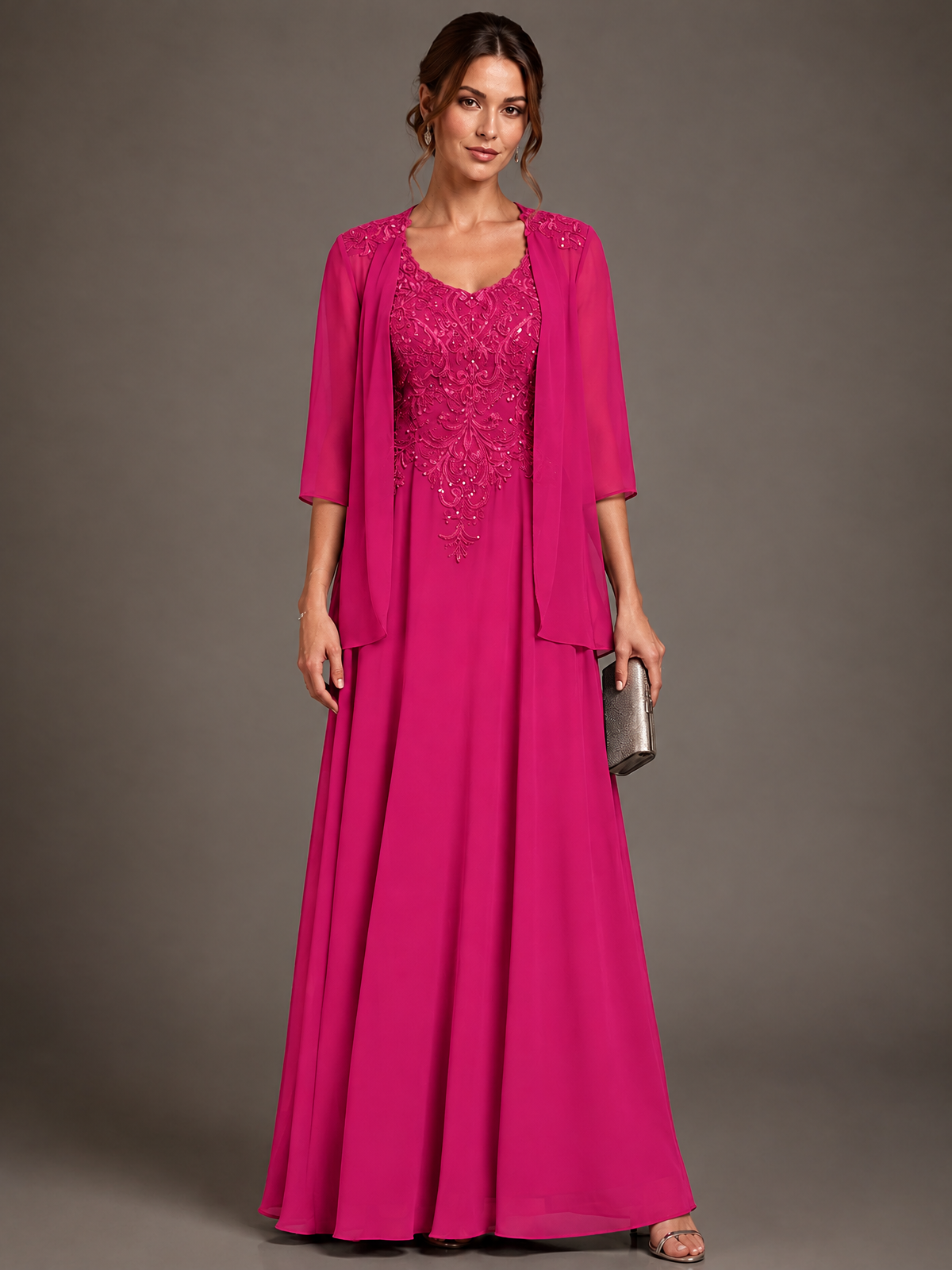 A-line 2 Pieces Chiffon Appliques Mother of The Bride Dresses with Jackets