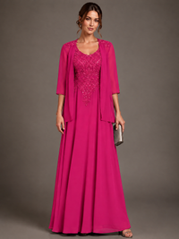 A-line 2 Pieces Chiffon Appliques Mother of The Bride Dresses with Jackets