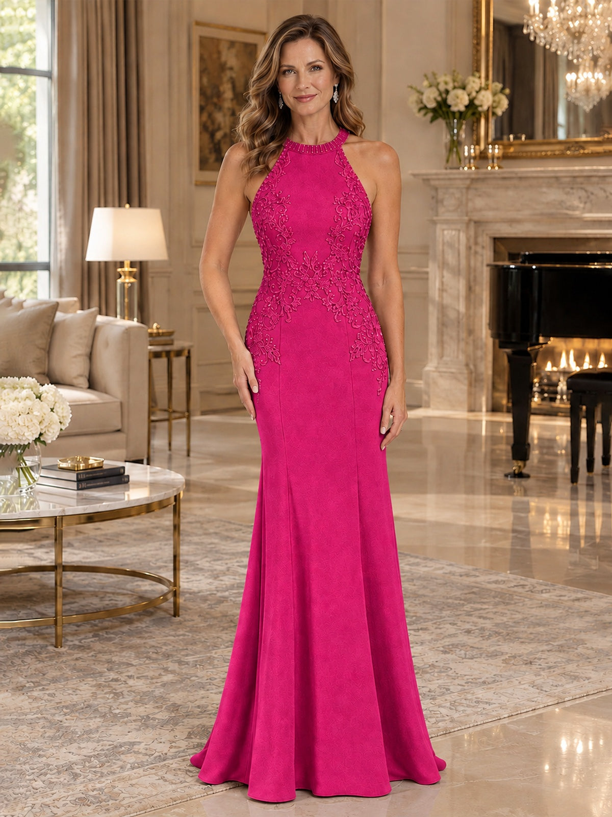 Halter Neckline Lace Appliques Mother of The Bride Dresses