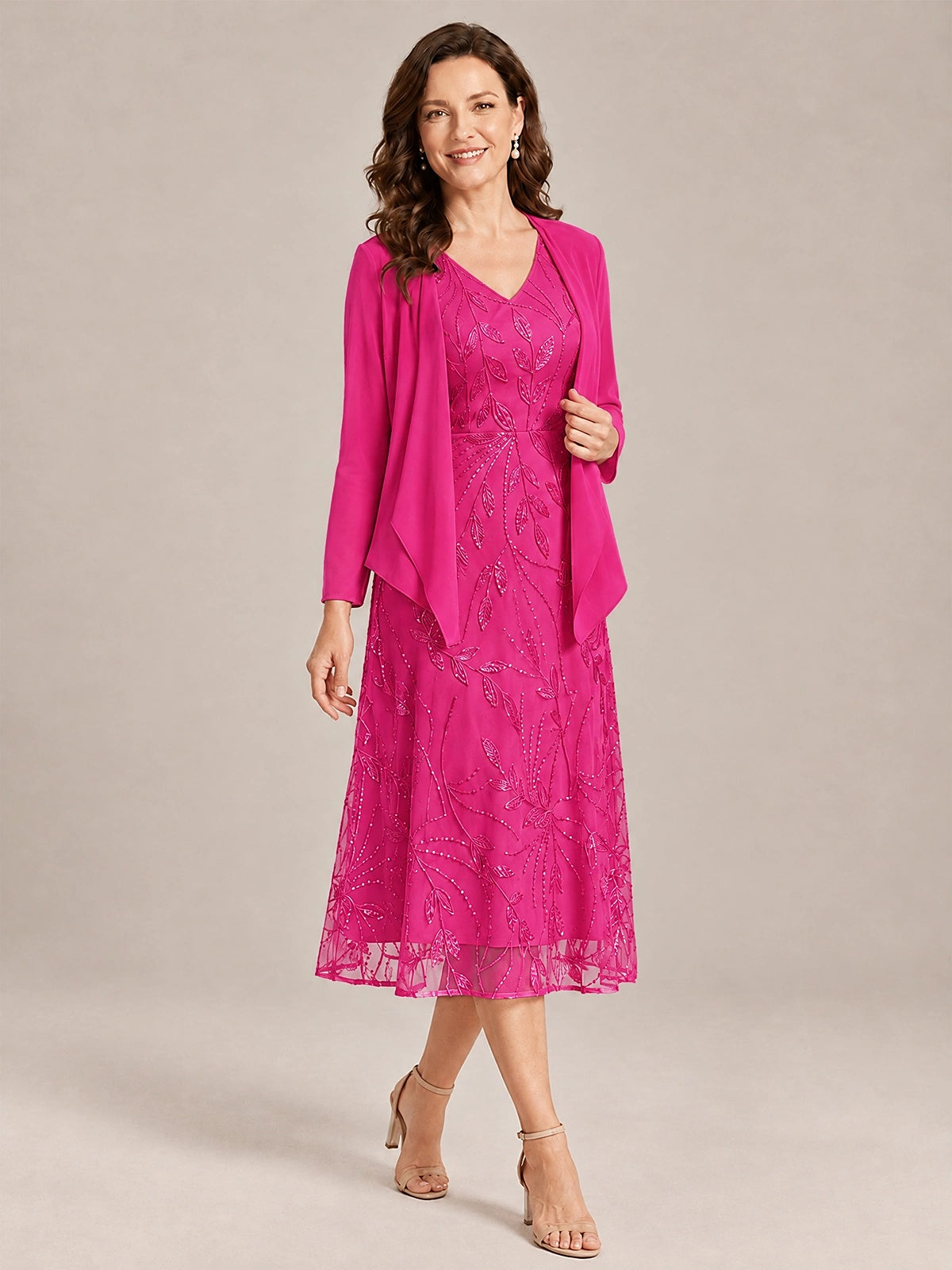 Tea Length Sequin Lace Mother of the Bride Dress with Chiffon Jacket
