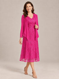 Tea Length Sequin Lace Mother of the Bride Dress with Chiffon Jacket
