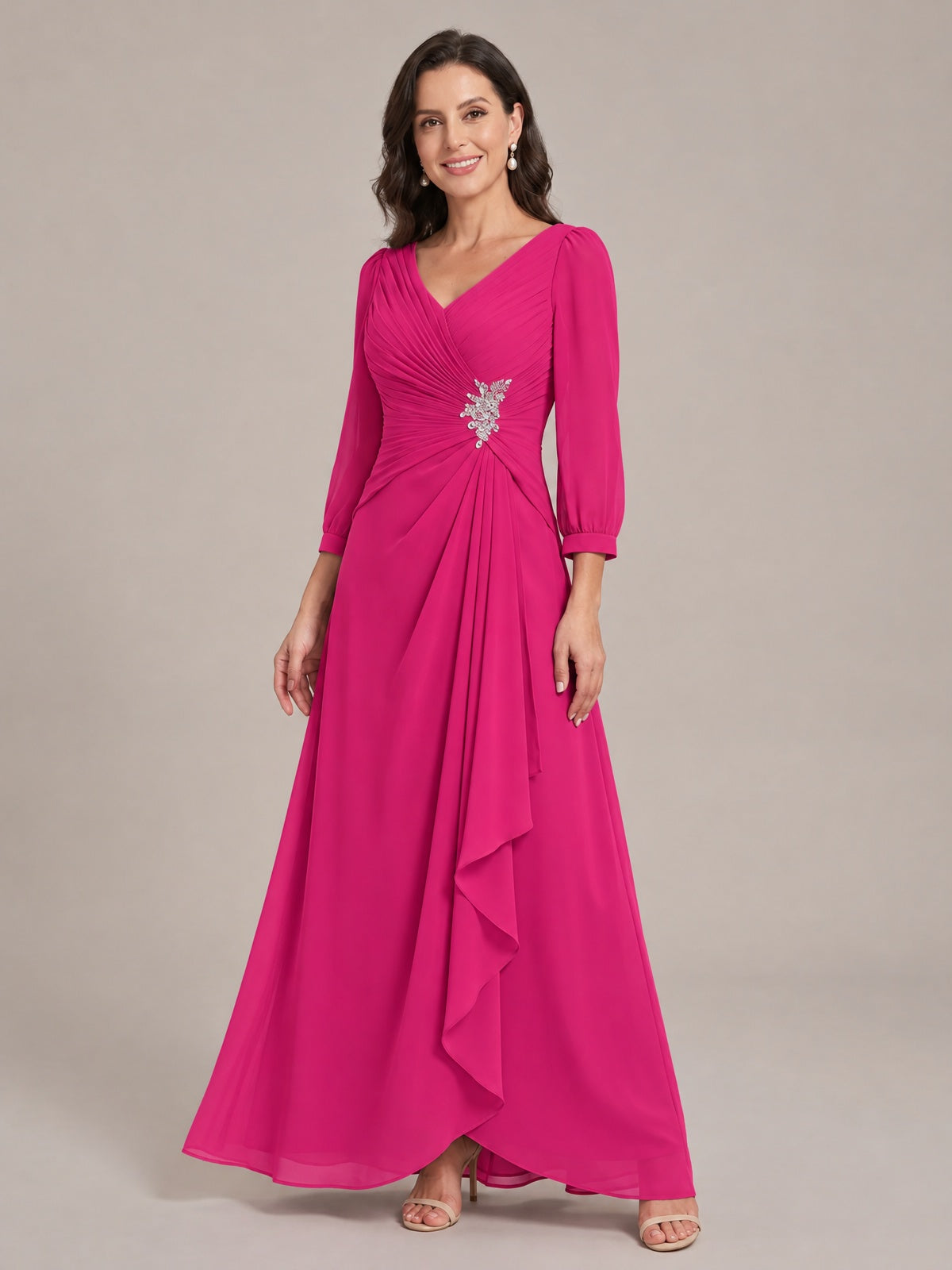 V-Neck Pleated Chiffon Mother of the Bride Dress with Flutter Sleeves