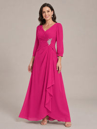 V-Neck Pleated Chiffon Mother of the Bride Dress with Flutter Sleeves