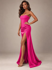 Burgundy Strapless Sparkly Corset Prom Dress with High Slit