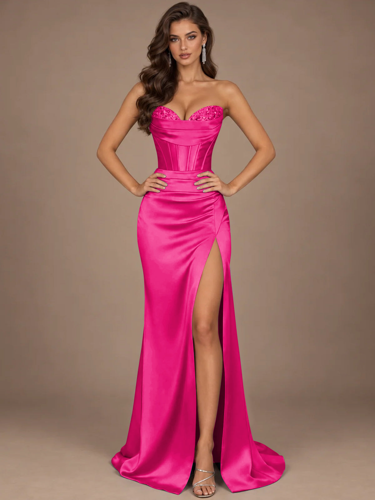 Dusty Blue Strapless Lace Corset Prom Dress with High Slit