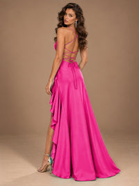 Burgundy Spaghetti Strap Ruched Prom Dress with Ruffled High Slit