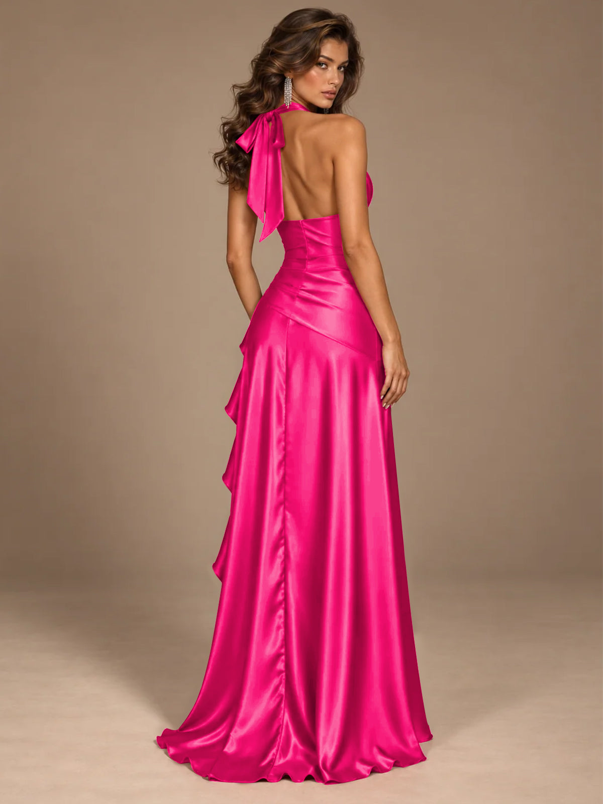 Burgundy Halter Deep V-Neck Ruched High Slit Ruffle Prom Dress