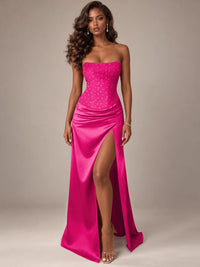Burgundy Strapless Sparkly Corset Prom Dress with High Slit