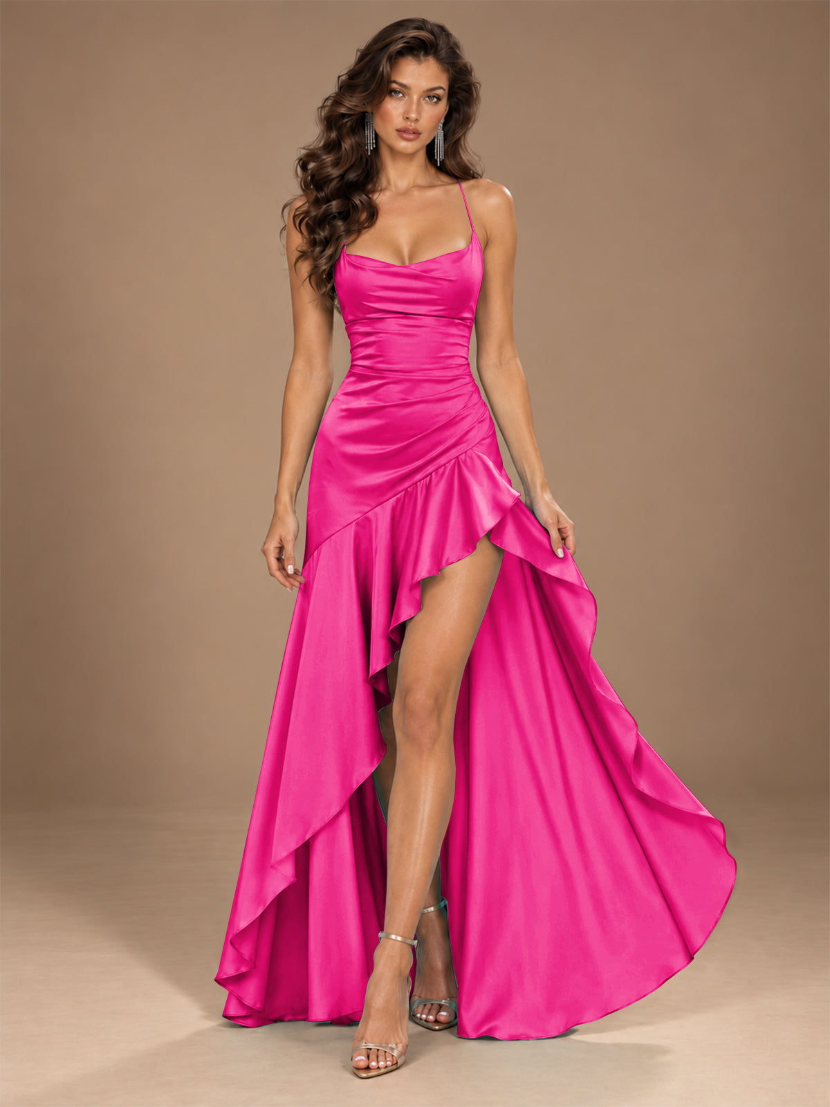 Burgundy Spaghetti Strap Ruched Prom Dress with Ruffled High Slit