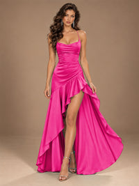Burgundy Spaghetti Strap Ruched Prom Dress with Ruffled High Slit