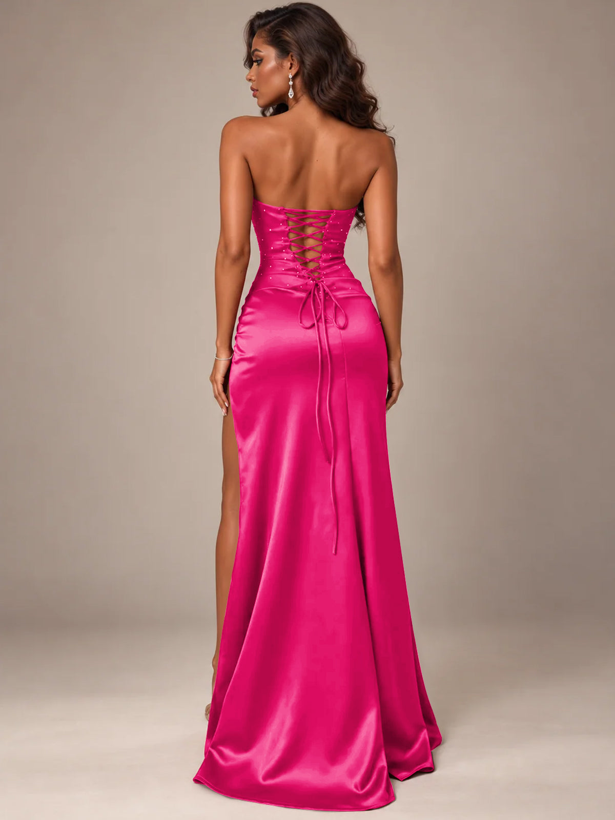 Burgundy Strapless Sparkly Corset Prom Dress with High Slit