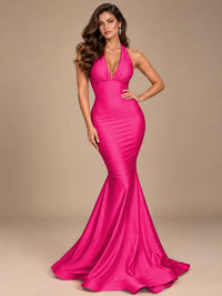 Pink Halter Deep V-Neck Ruched Mermaid Prom Dress