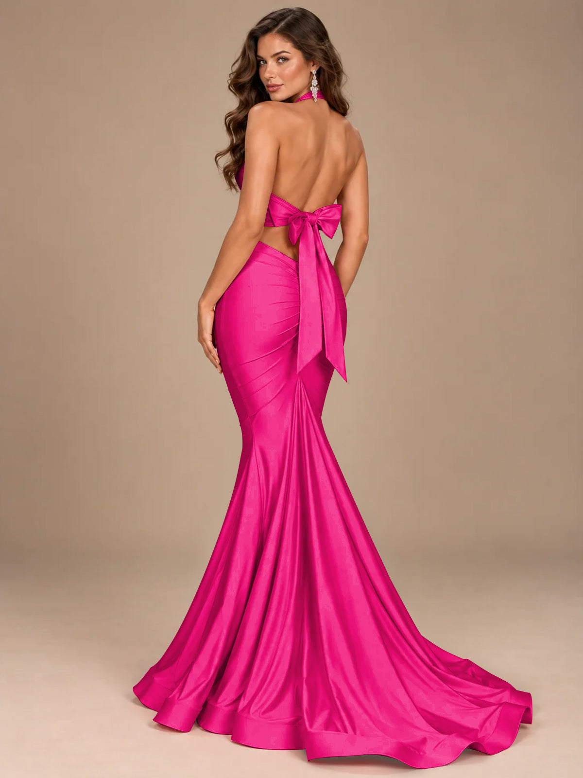 Pink Halter Deep V-Neck Ruched Mermaid Prom Dress