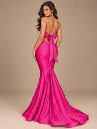 Pink Halter Deep V-Neck Ruched Mermaid Prom Dress