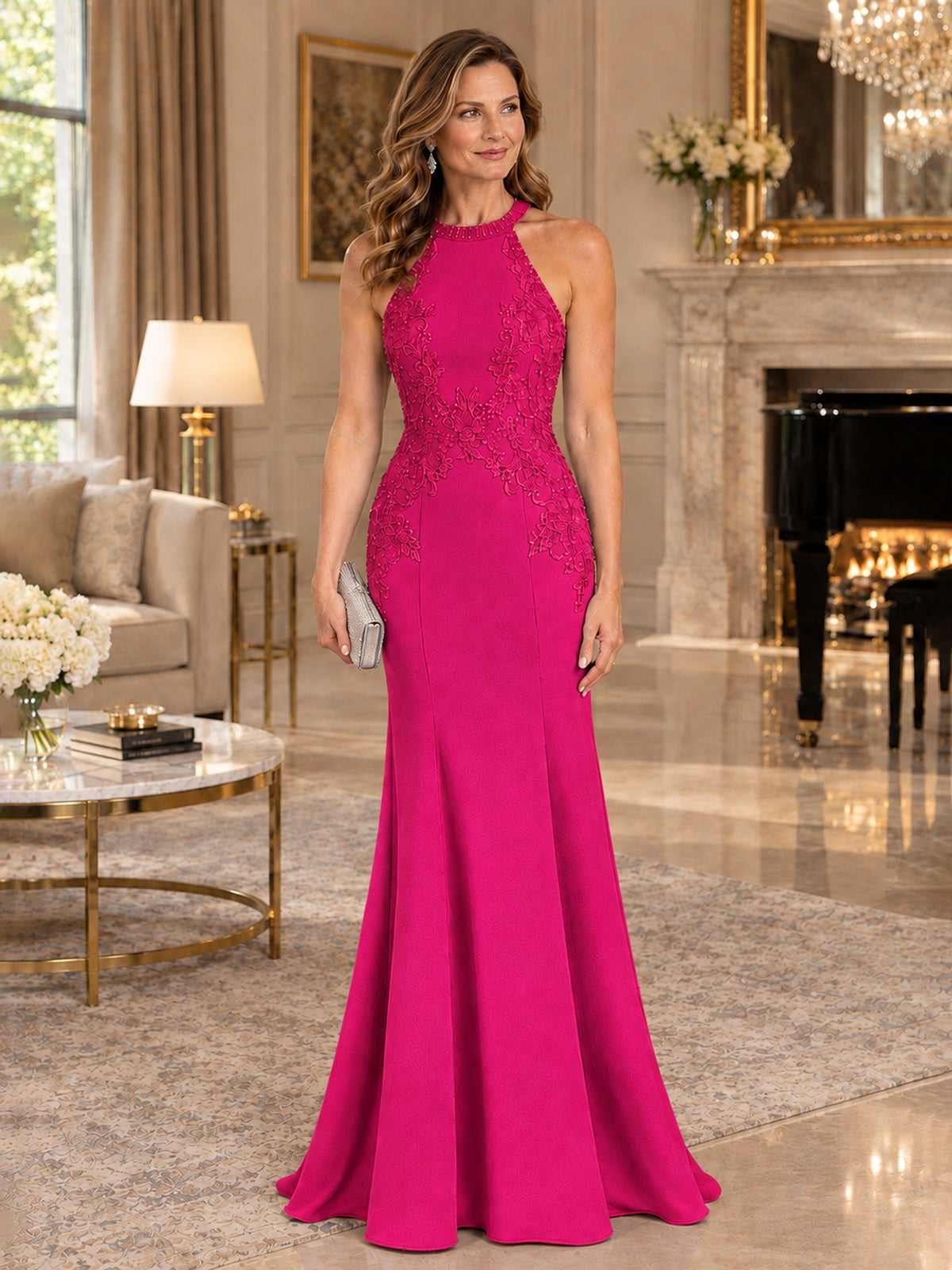 Halter Neckline Lace Appliques Mother of The Bride Dresses