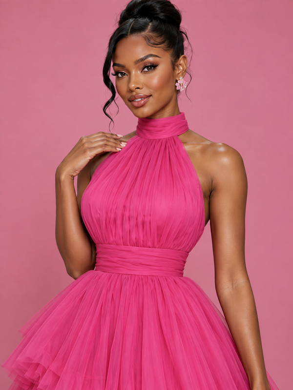Hot Pink Tulle Halter Neck Tiered Ruffle Maxi Dress