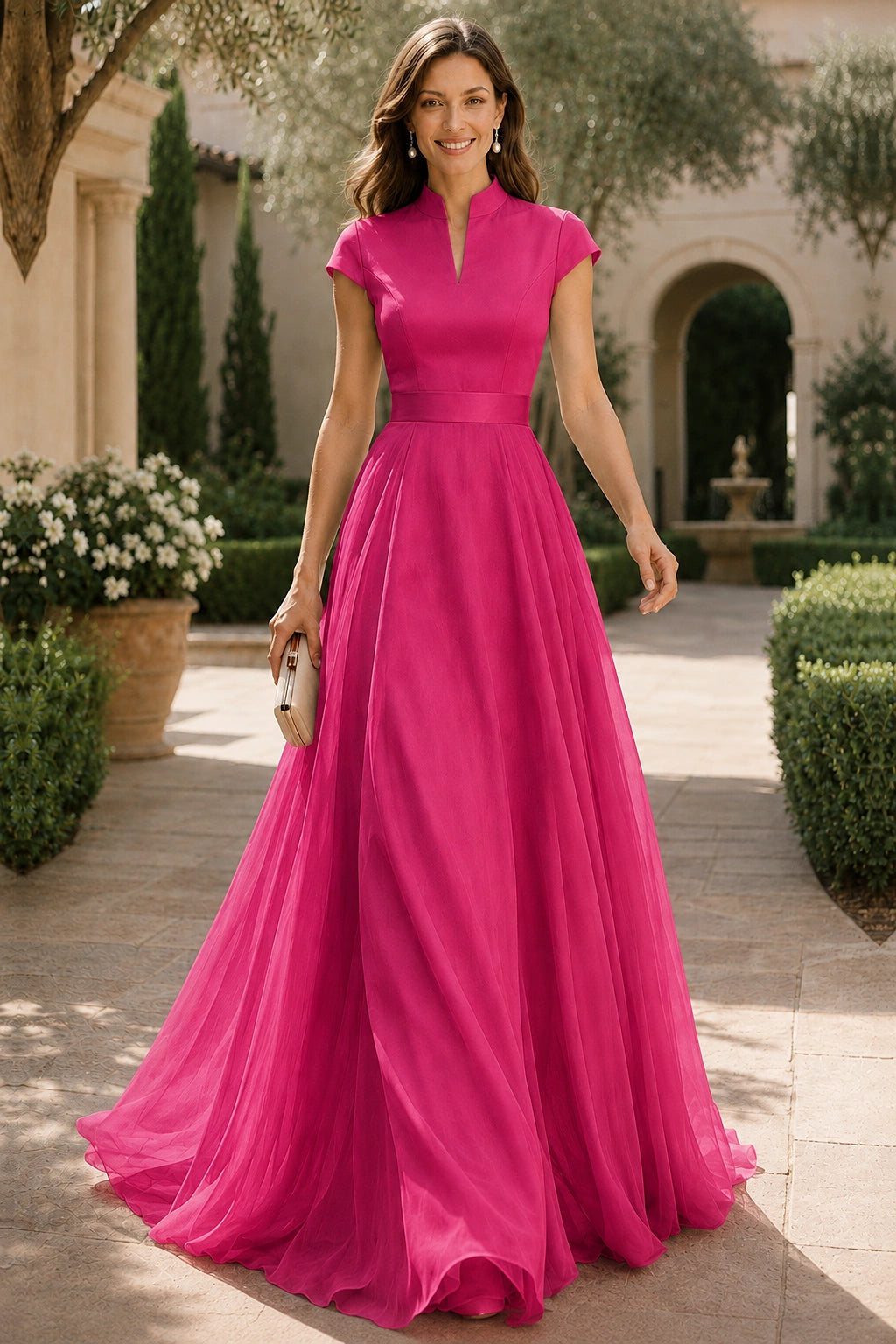 V Neck Cap Sleeve A-Line Floor-Length Satin Bridesmaid Dress