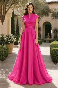 V Neck Cap Sleeve A-Line Floor-Length Satin Bridesmaid Dress