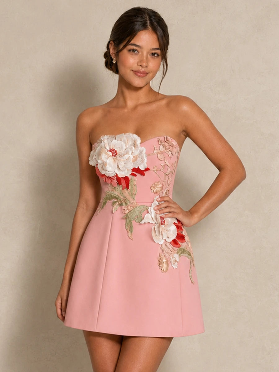 Jovellee Isadora pink 3D floral applique strapless chiffon mini dress, full-length front view