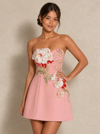 Jovellee Isadora pink 3D floral applique strapless chiffon mini dress, full-length front view