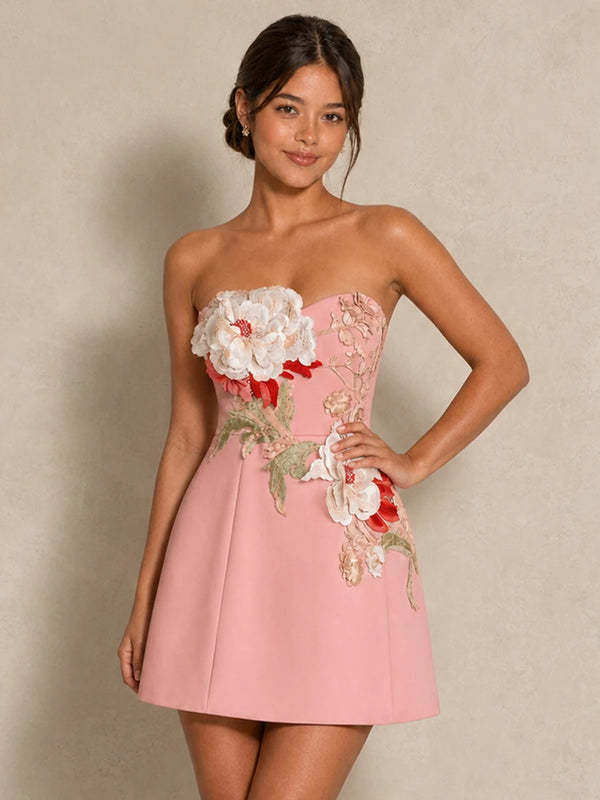 Jovellee Isadora pink 3D floral applique strapless chiffon mini dress, full-length front view