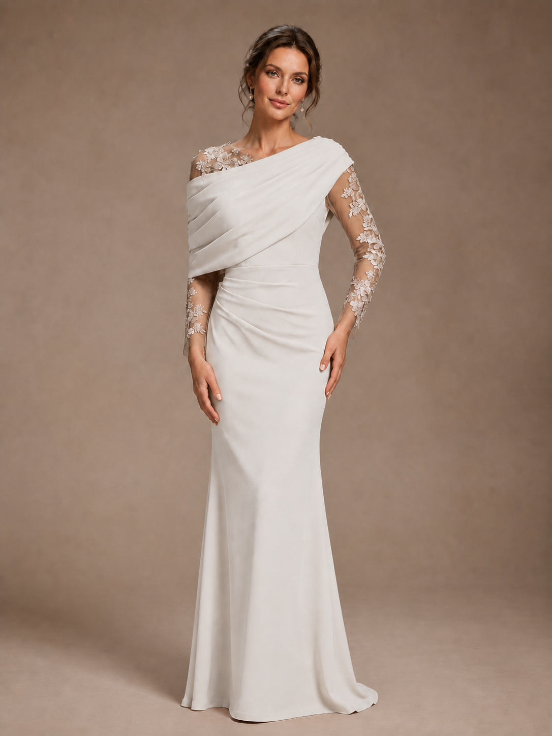 Dusty Rose Illusion Long Sleeve Chiffon Applique Mother of The Bride Dress