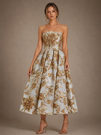 Ivory Gold Floral Jacquard Strapless Mother of the Bride Dress