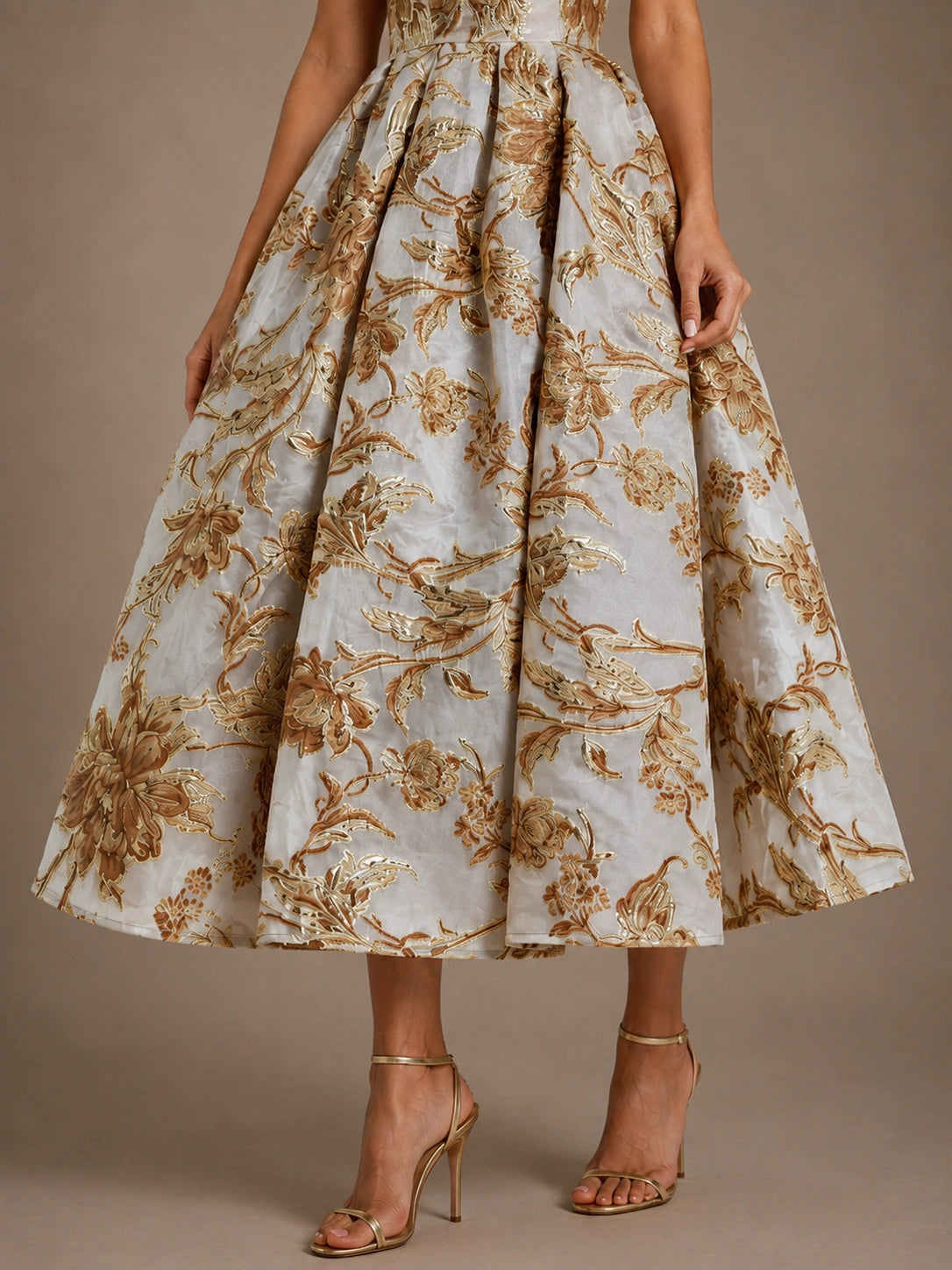 Ivory Gold Floral Jacquard Strapless Mother of the Bride Dress