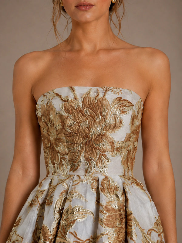 Ivory Gold Floral Jacquard Strapless Mother of the Bride Dress