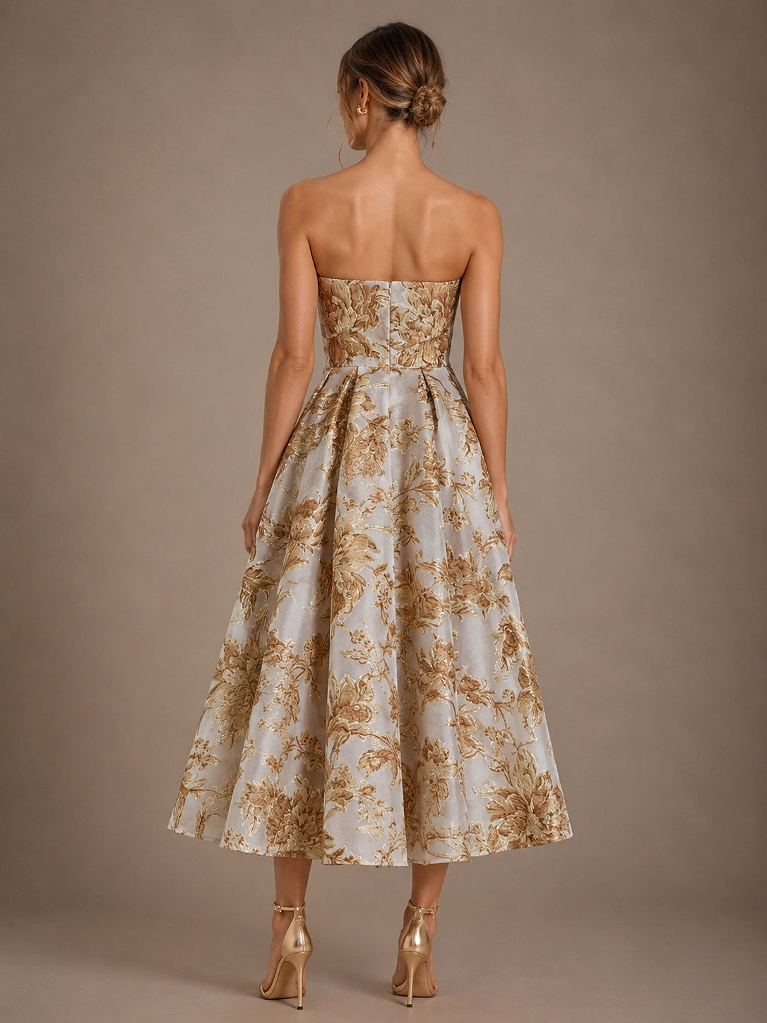 Ivory Gold Floral Jacquard Strapless Mother of the Bride Dress