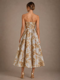 Ivory Gold Floral Jacquard Strapless Mother of the Bride Dress