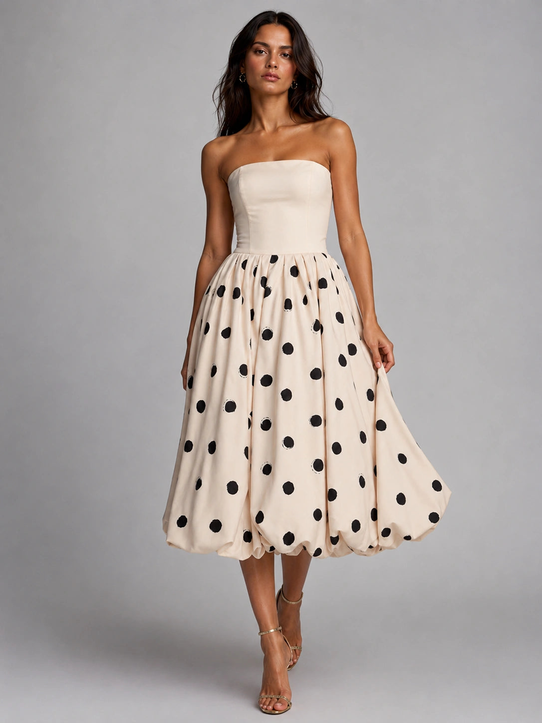 Ivory Polka Dot Strapless Bubble Hem Midi Dress