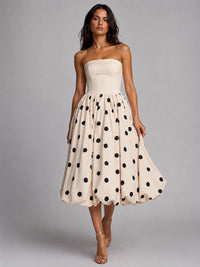 Ivory Polka Dot Strapless Bubble Hem Midi Dress
