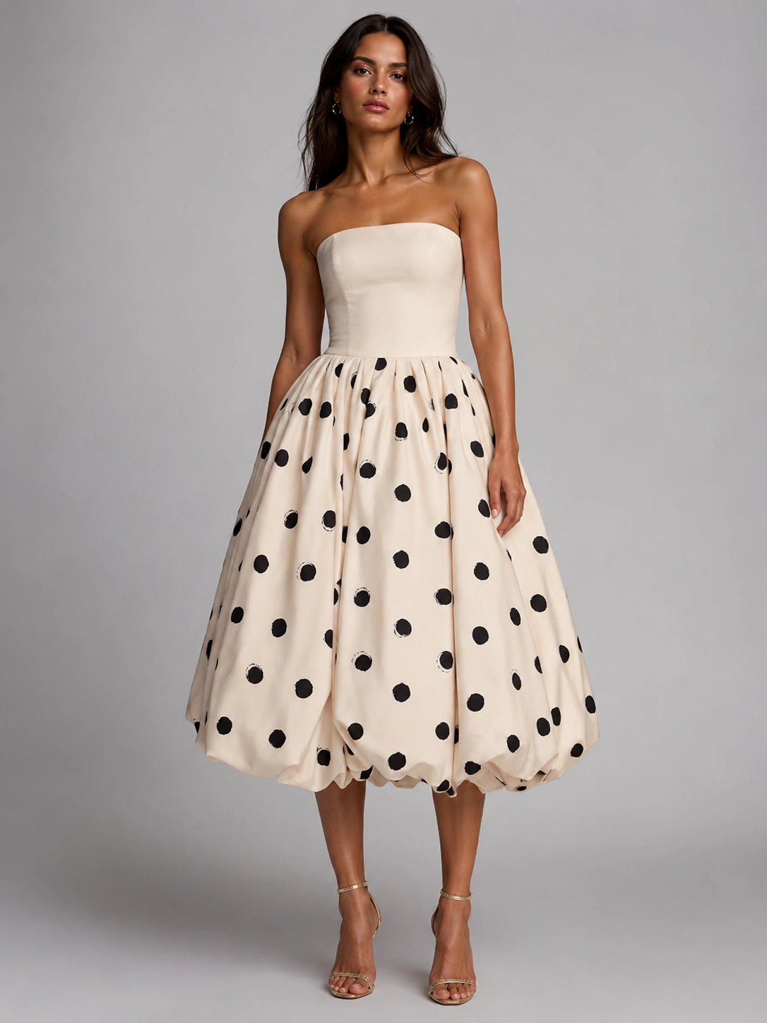 Ivory Polka Dot Strapless Bubble Hem Midi Dress