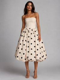 Ivory Polka Dot Strapless Bubble Hem Midi Dress