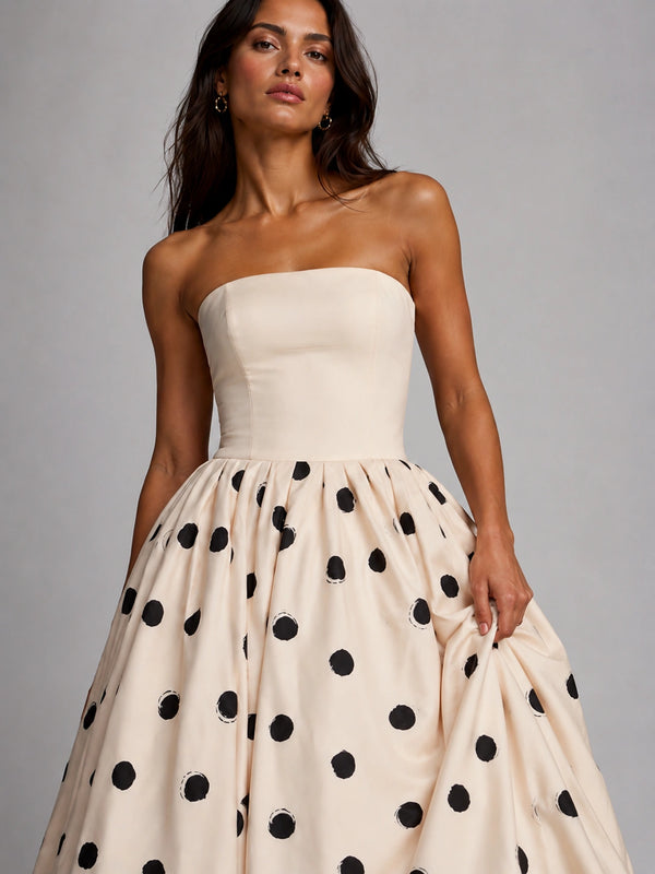 Ivory Polka Dot Strapless Bubble Hem Midi Dress