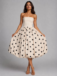 Ivory Polka Dot Strapless Bubble Hem Midi Dress