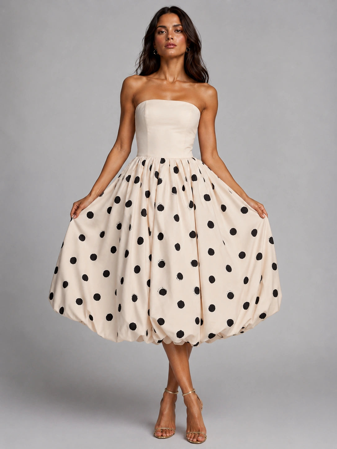 Ivory Polka Dot Strapless Bubble Hem Midi Dress