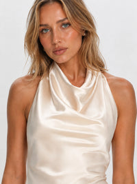 Ivory Satin Cowl Neck Halter Homecoming Mini Dress with Rosette