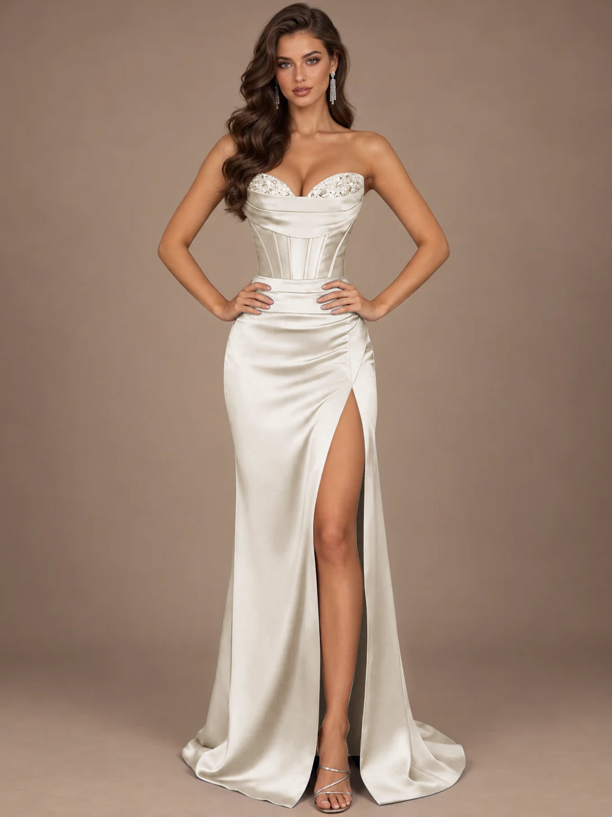 Dusty Blue Strapless Lace Corset Prom Dress with High Slit