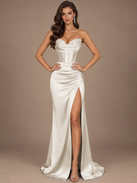 Dusty Blue Strapless Lace Corset Prom Dress with High Slit