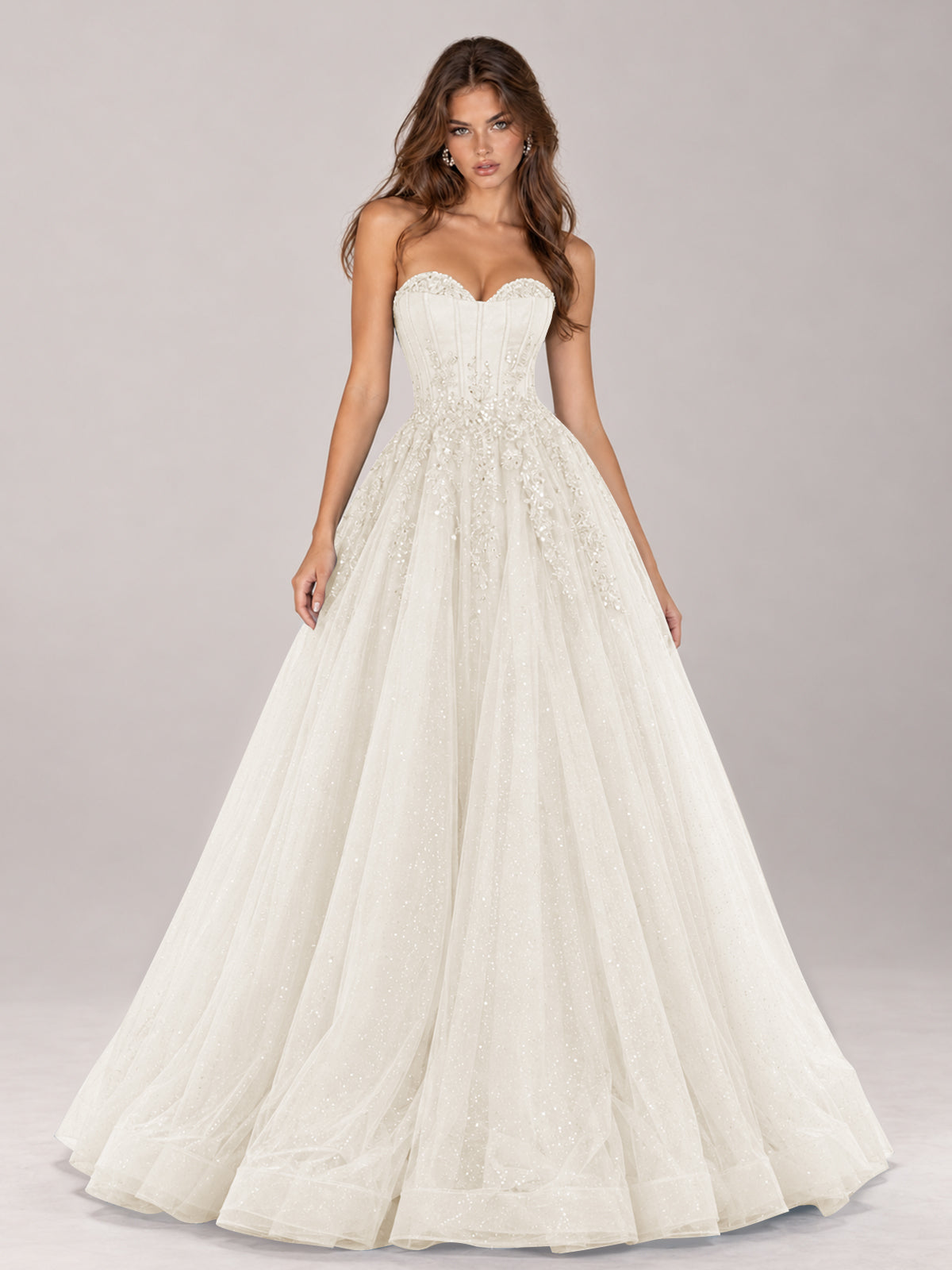 Strapless Sweetheart Beaded Corset Glitter Tulle Ball Gown Prom Dress