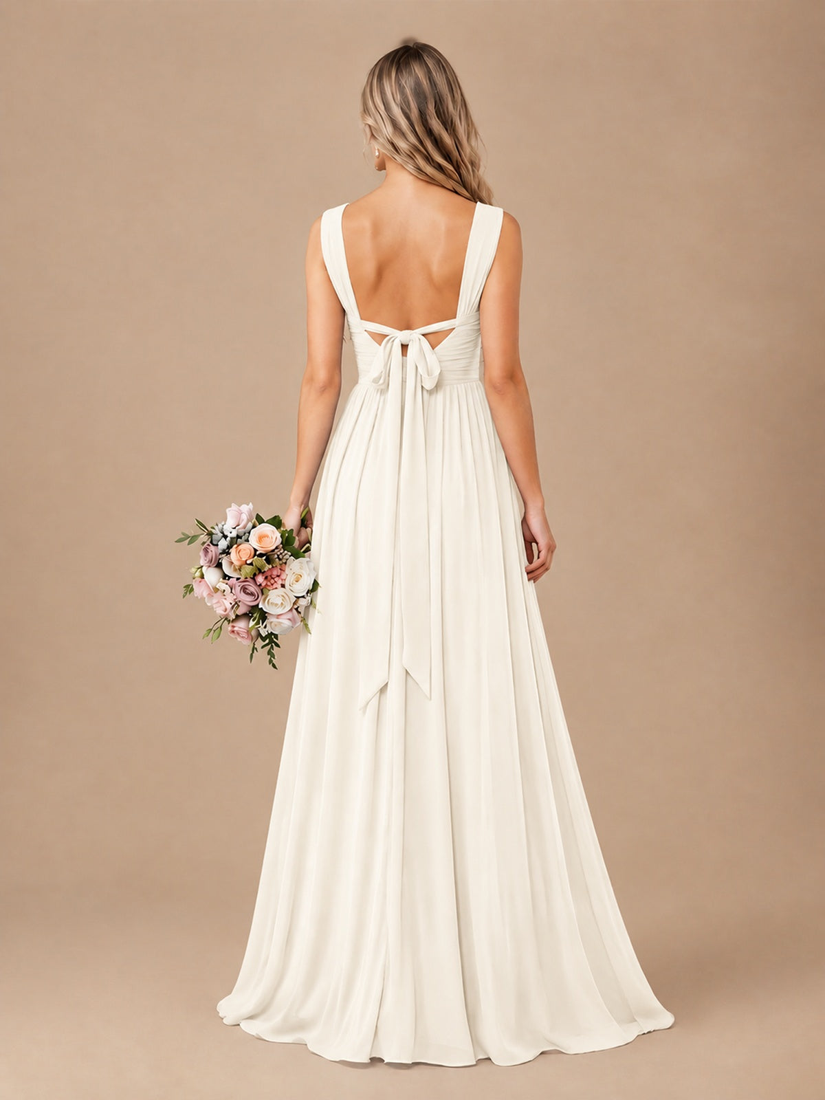 Pleated Chiffon V Neck Wedding Bridesmaid Dresses Floor Length with Slit