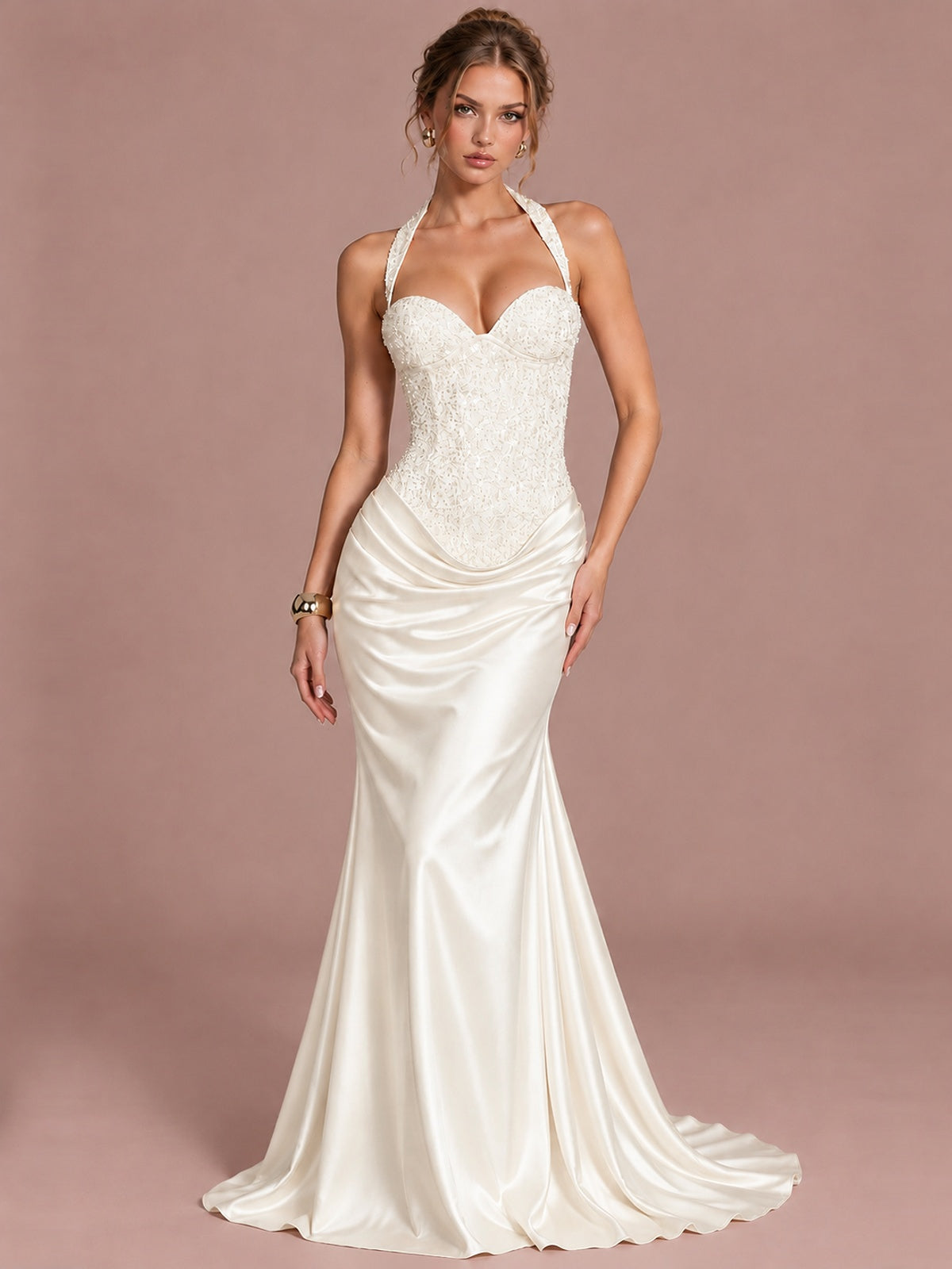 Ivory Sparkling Halter Corset Satin Mermaid Prom Dress Long Ruched Sequin Formal Gown Evening Party Dress