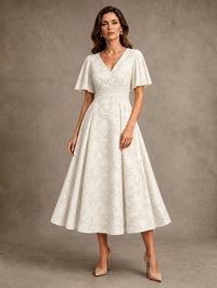 V-Neck Floral Jacquard Tea-Length Mother of the Bride Dress