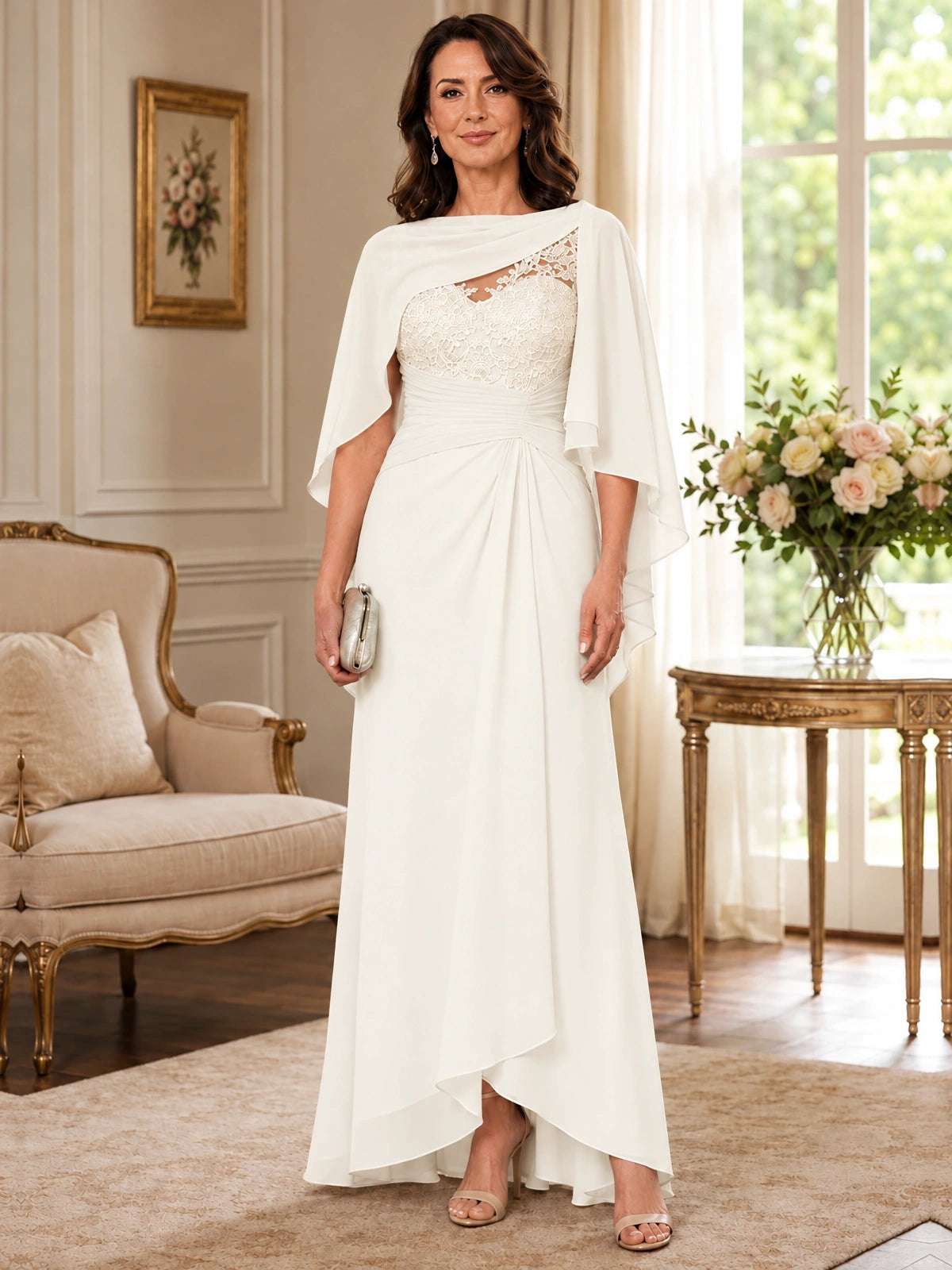 Elegant Chiffon Mother of the Bride Dress with Lace Applique and Cape Sleeves
